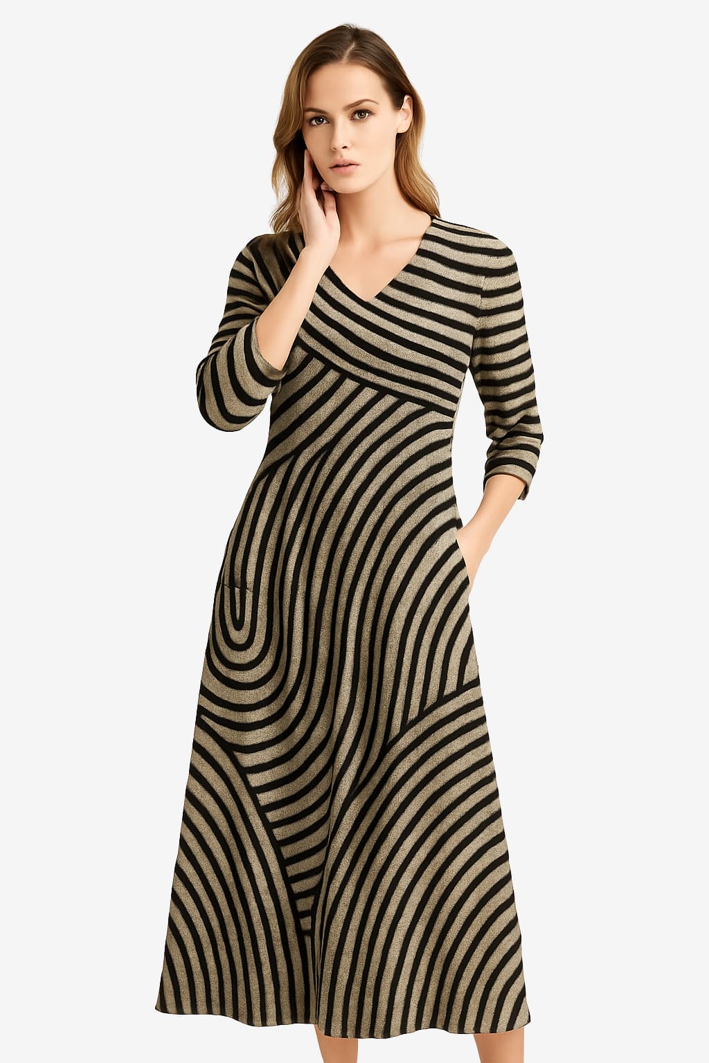 Long women's dress with a V-neck, 3/4 sleeves, loose fit