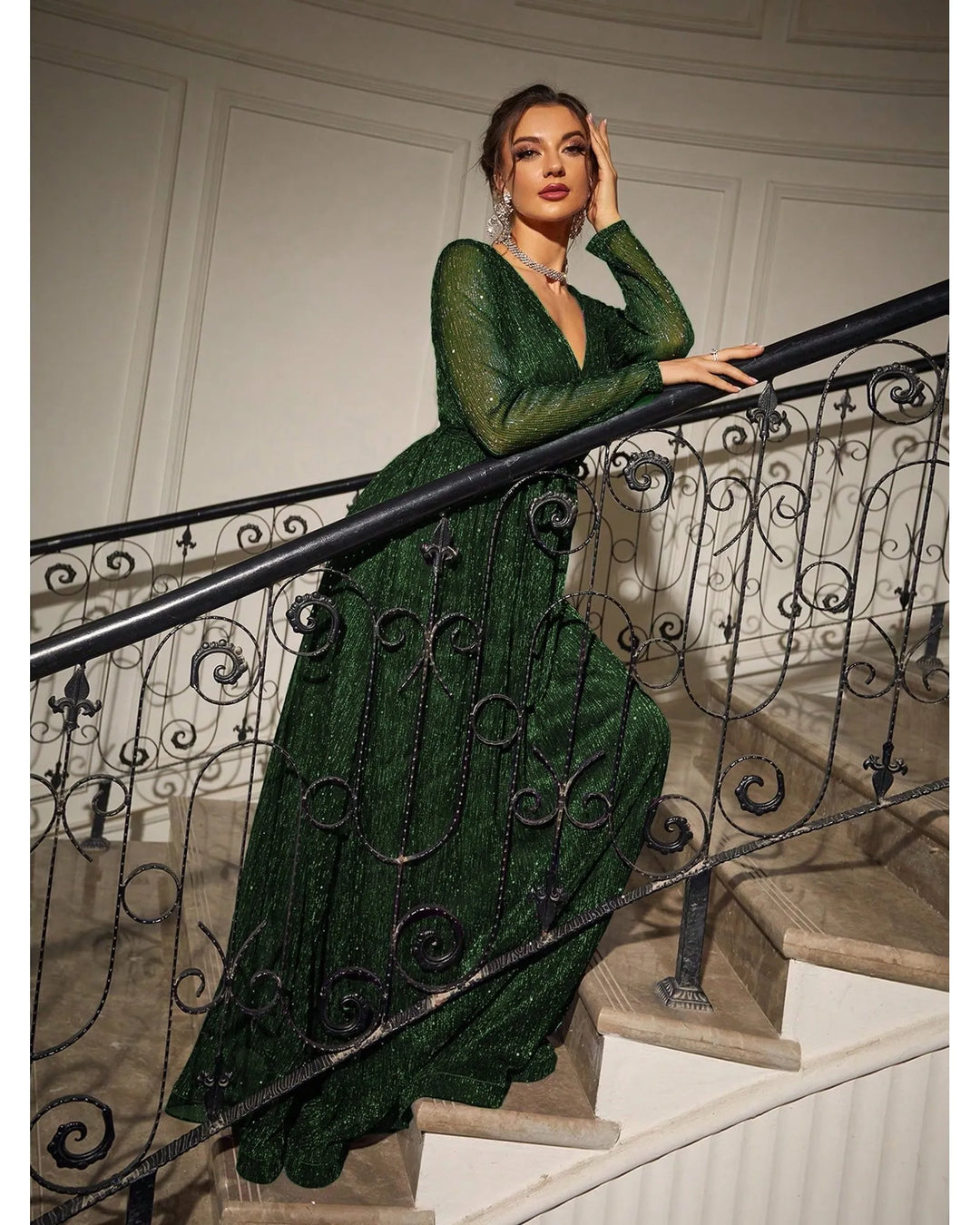 Eliza™ | Gala Dress in Deep Green – Sequins and Long Sleeves