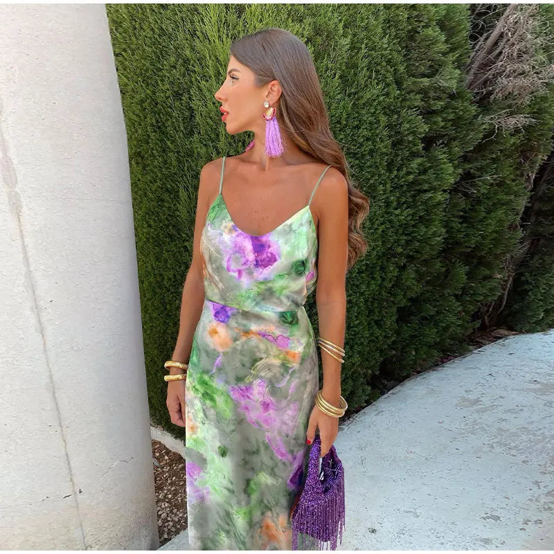 Anisten™ | Stylish Maxi Dress with Halo-Dye Print and Removable Scarf