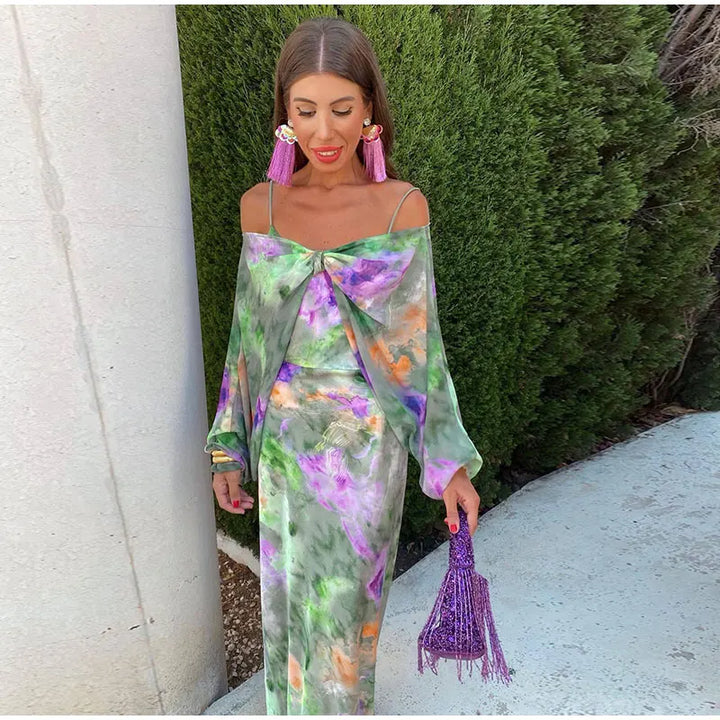 Anisten™ | Stylish Maxi Dress with Halo-Dye Print and Removable Scarf