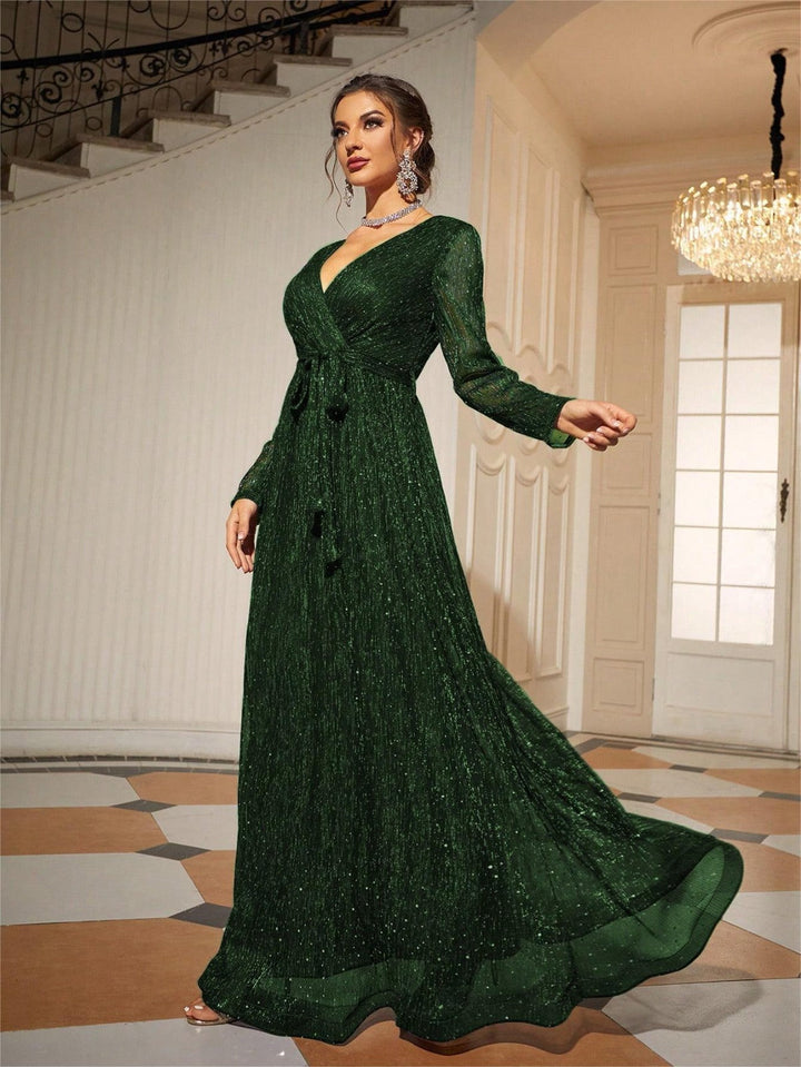Eliza™ | Gala Dress in Deep Green – Sequins and Long Sleeves