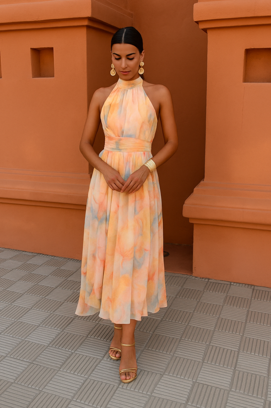 Klara | Maxi Dress with Halter Neckline and Watercolor Pattern